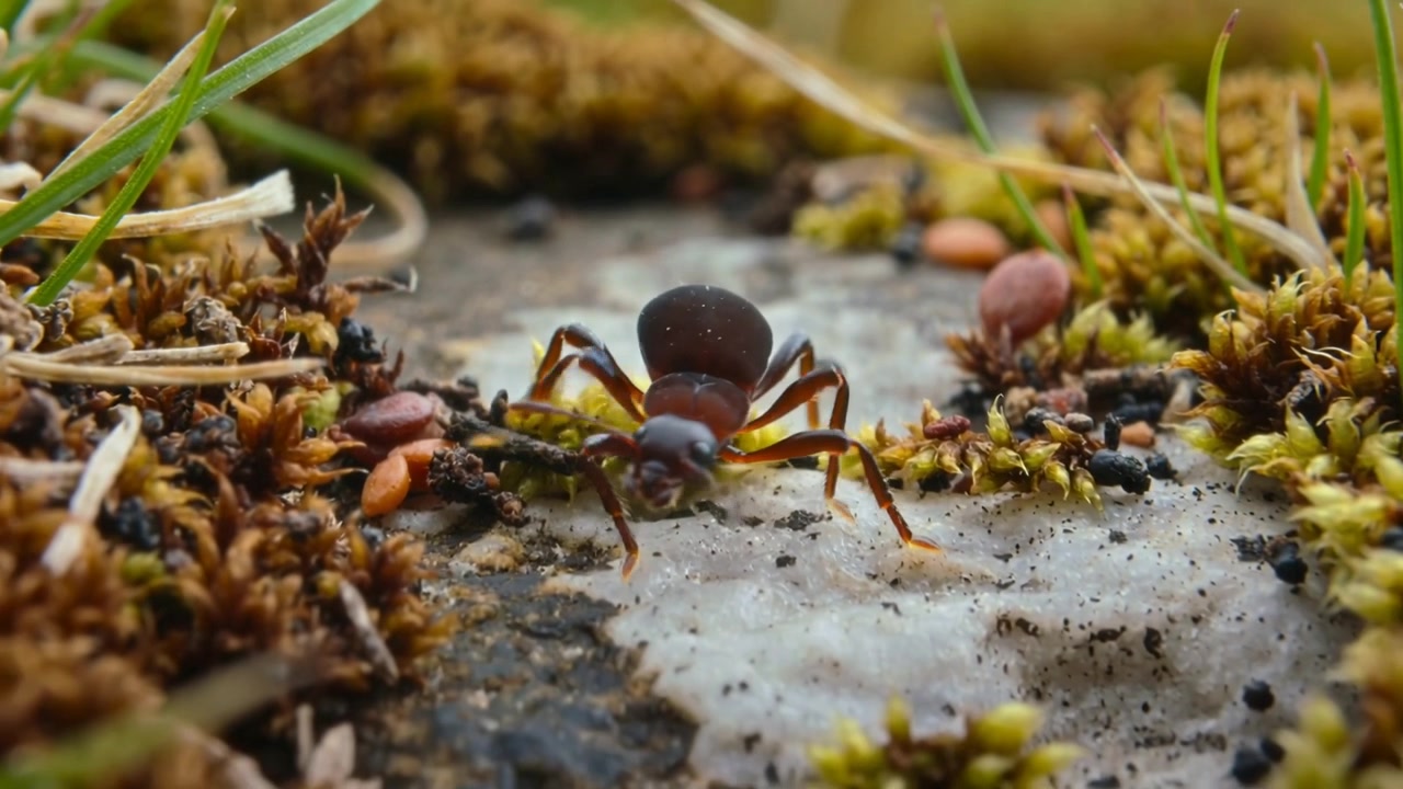 Kleiner dunkelbrauner Käfer, der nahegelegene Samen wahrnimmt, hebt seine Fühler, tastet und bewegt sich auf einem moosigen Felsen vorwärts.