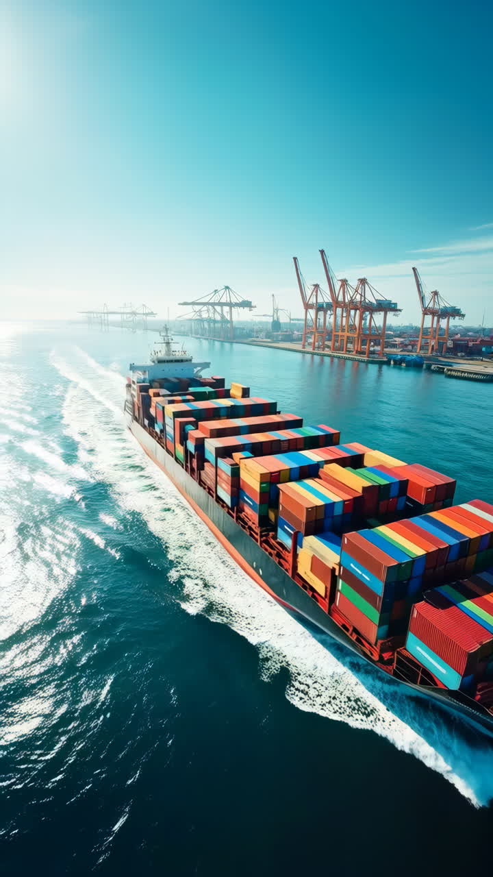 Large Container Ship Sailing Towards a Busy Port with Cranes