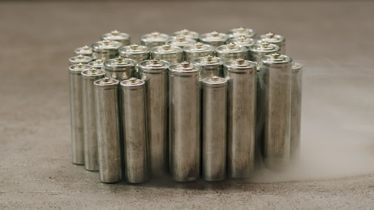 Silver batteries AA and AAA in hands on black background in smoking fog close-up. Double-A battery is a standard size single cell cylindrical dry battery. Batteries are common in portable electronic devices. An AA battery is composed of a single electrochemical cell that may be either a primary batt