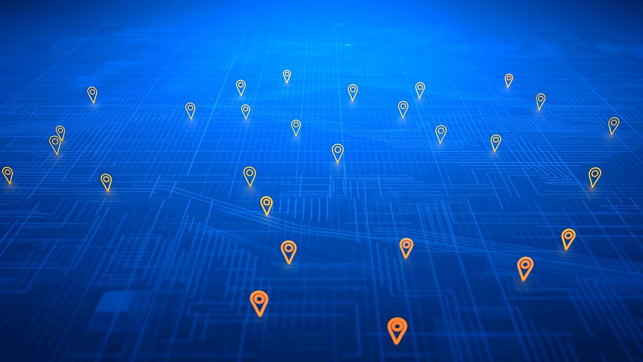 A glowing blue digital map grid fills the frame with multiple location pins scattered across the scene, including a larger orange marker near the lower center