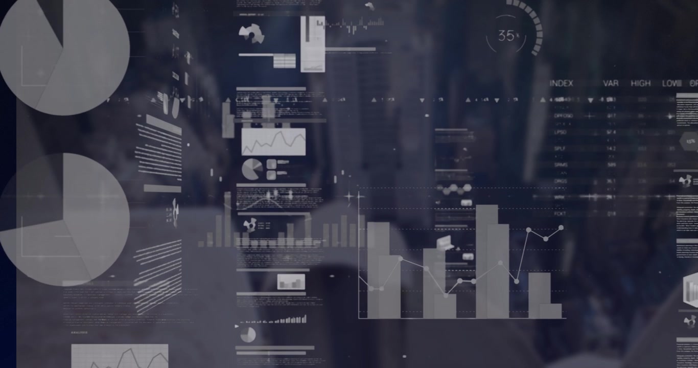 This video shows a city skyline with businesses moving in all directions
