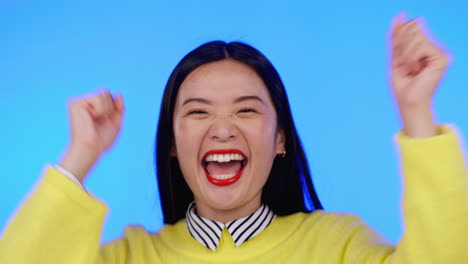 Asian-woman,-portrait-and-excited-with-hands