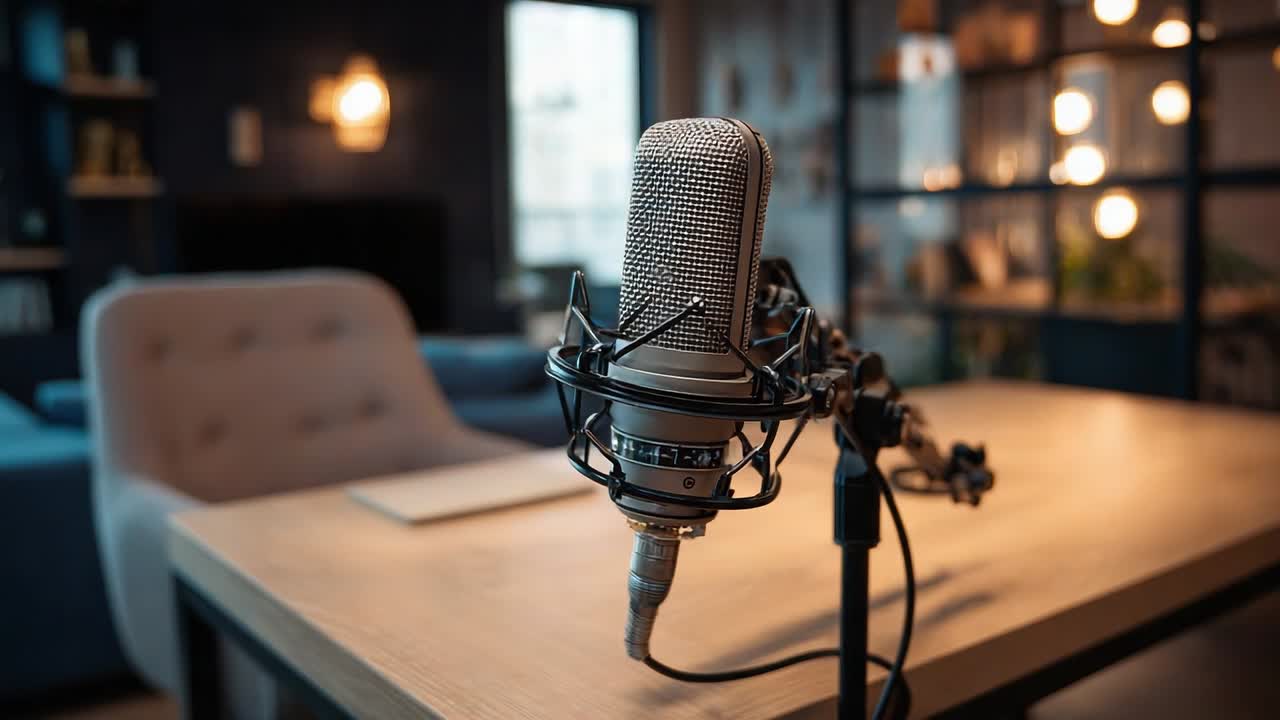 Allestimento di uno studio di registrazione con un microfono su un tavolo di legno