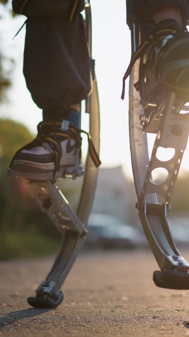 primer plano de la pierna de una persona caminando en pilotes de primavera con pantalones oscuros y zapatillas de deporte. el fondo muestra un área suburbana borrosa con vegetación, edificios y vehículos bajo un cálido resplandor del atardecer. ángulo bajo