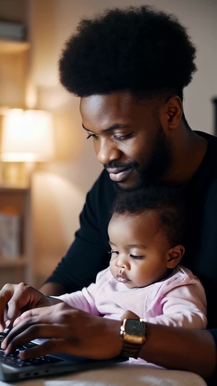 Close-up of African American Dad and Baby Working on Laptop