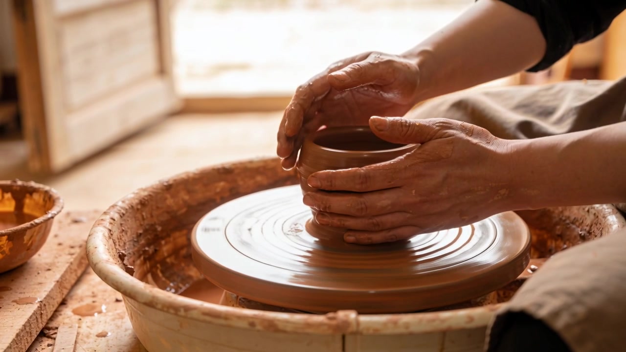 Tornio che gira, vasaio con grembiule d'argilla che spruzza acqua e modella una tazza sul tornio dello studio, alzando il bordo