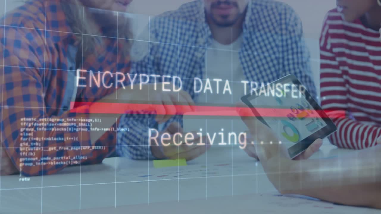 Team sliding smartphone initiating encrypted data transfer bar filling and fading