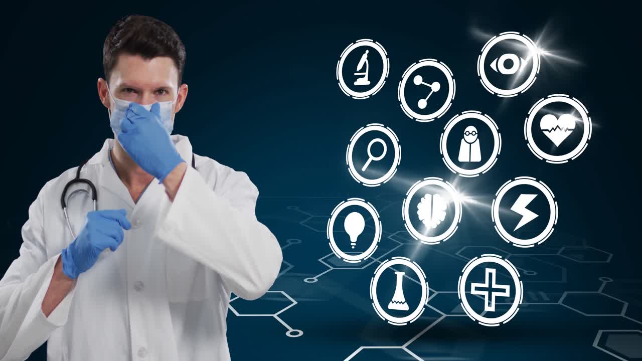 백인 남성 의사 가 얼굴 마스크 를 조정 하고 있는 초상화 에 대한 여러 가지 의료 아이콘