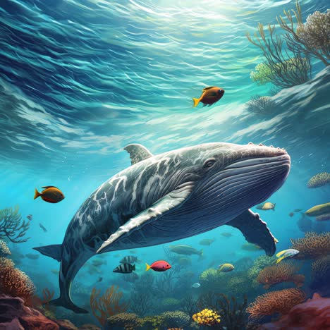 Vibrant underwater scene with a whale swimming among coral and fish