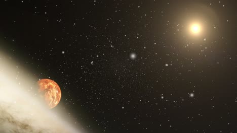 red planet with sunlit nebula cloud foreground, universe