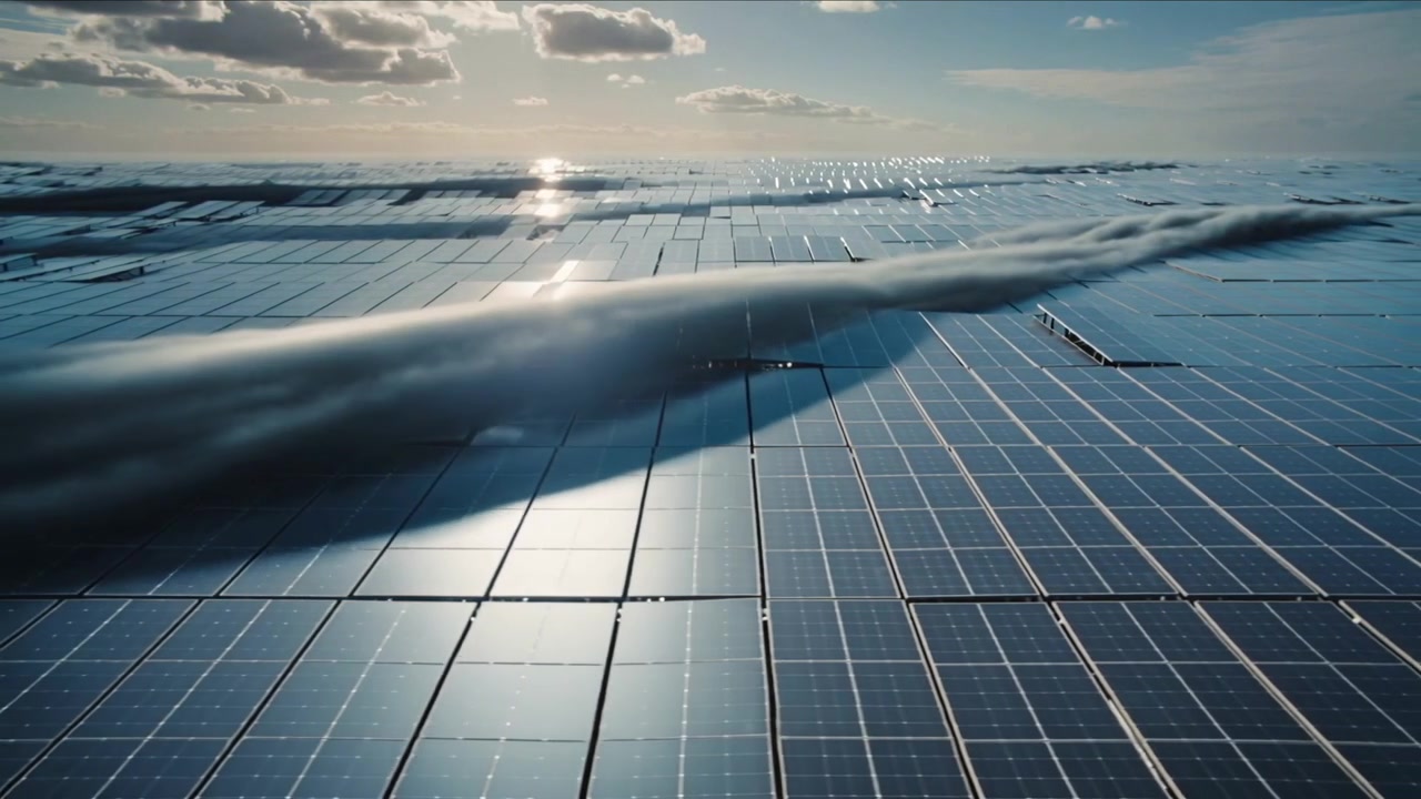 Nuvola in movimento che proietta un'ombra su un impianto fotovoltaico sotto il sole basso, causando un riflesso ed esponendo i pannelli.