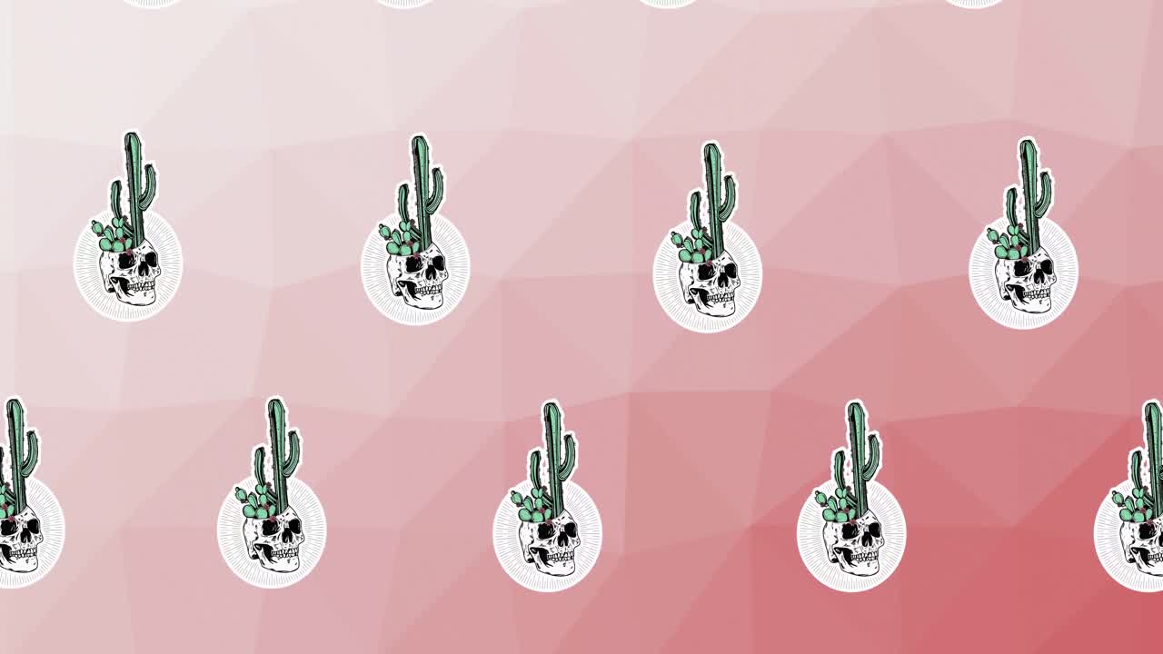 composición de filas de cactus con cráneos que se mueven sobre un fondo rosa