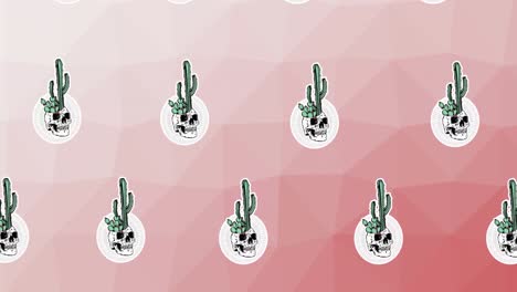 Composition-of-rows-of-cacti-with-skulls-moving-on-pink-background