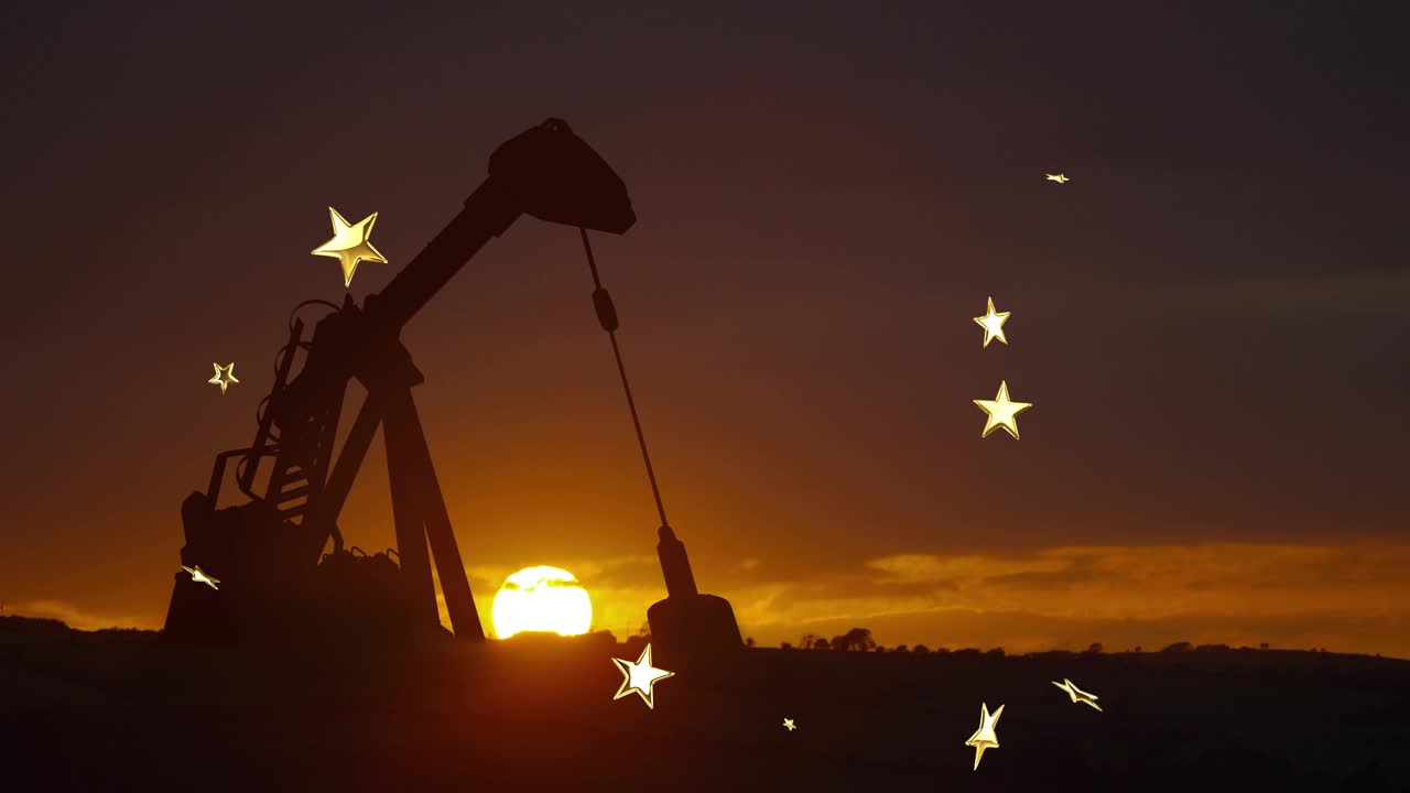 As sun sinking toward horizon pumpjack beam nodding and stars twinkling visualizing dusk transition