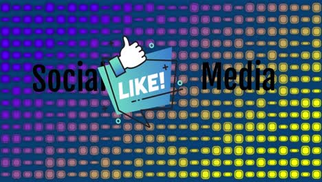 Animation-of-social-media-and-like-on-blue,-purple-and-yellow-background