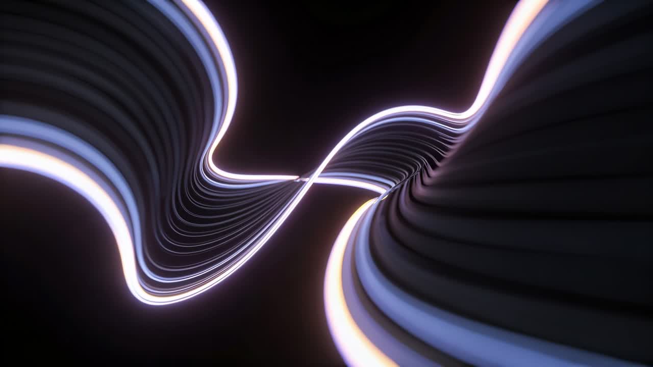 Entering luminous twin ribbons twisting and compressing center, drawing viewer forward in dark void