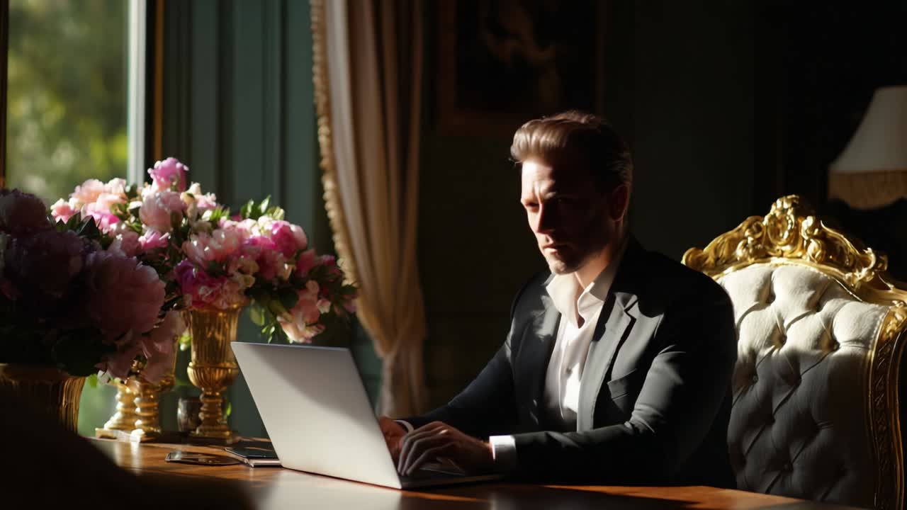 Man Working on Laptop in Elegant Office