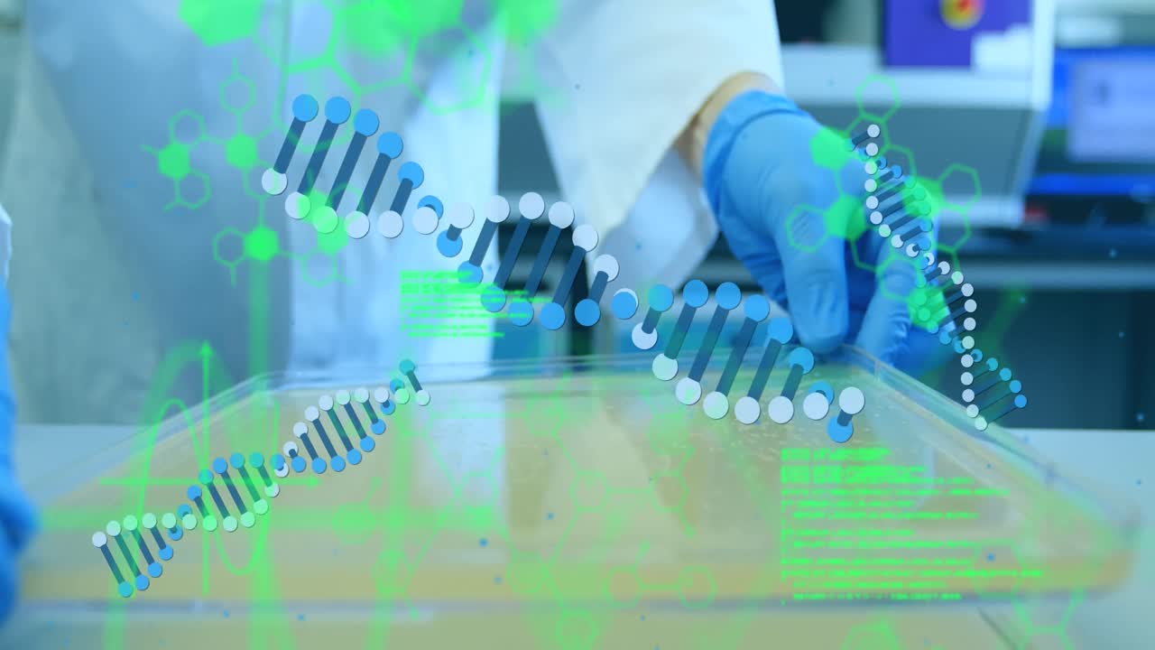 과학자 위에 있는 dna 가닥의 애니메이션