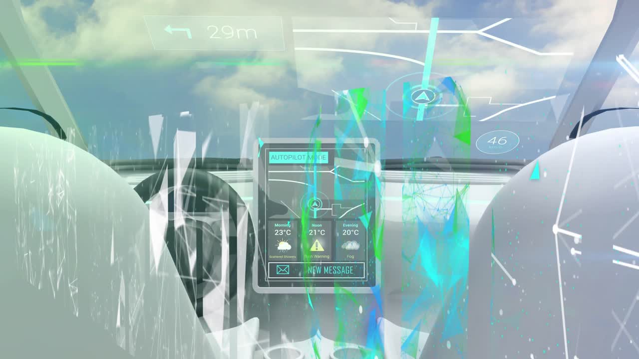 자율주행 자동차의 대시보드에서 연결 네트워크와 데이터 처리의 애니메이션