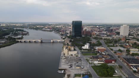 bridge over maumee river in downtown toledo, ohio, aerial drone view