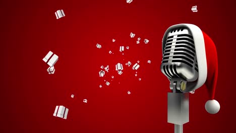 Animation-of-santa-hat-on-vintage-microphone-with-christmas-presents-falling-on-red-background