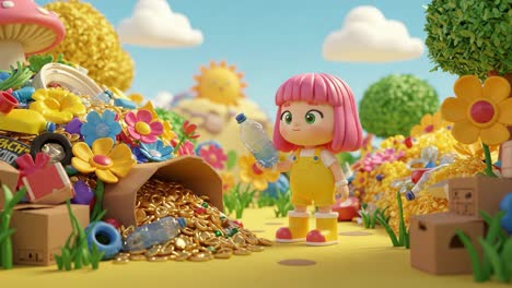 a colorful adventure in a whimsical world: a cheerful character holds a water bottle amidst golden treasures and vibrant flowers under a bright sky