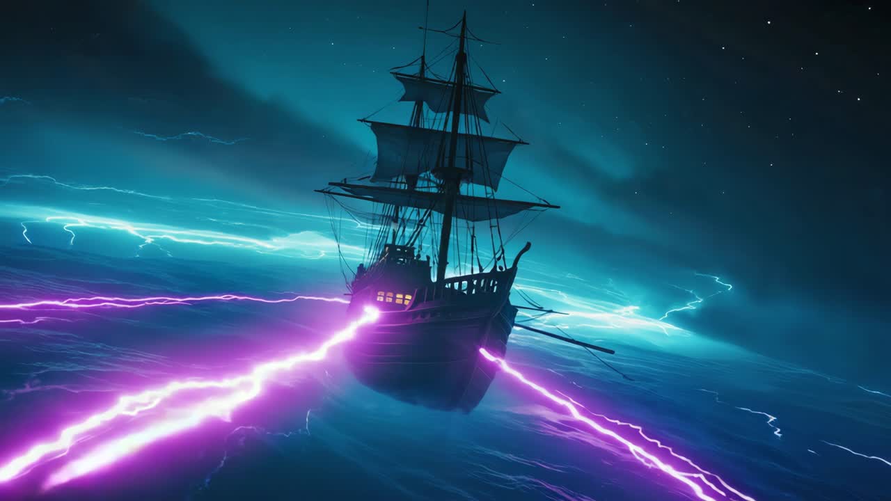 Ship sailing through a lightning storm