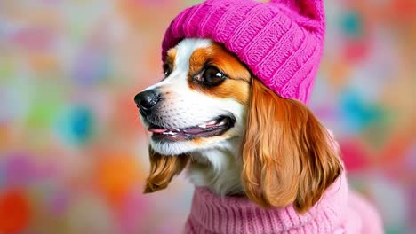 a dog wearing a pink hat and sweater