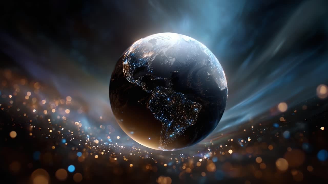A Stunning Visual Representation of Earth Surrounded by Cosmic Light, Capturing the Beauty and Mystique of Our Planet Against a Starry Background