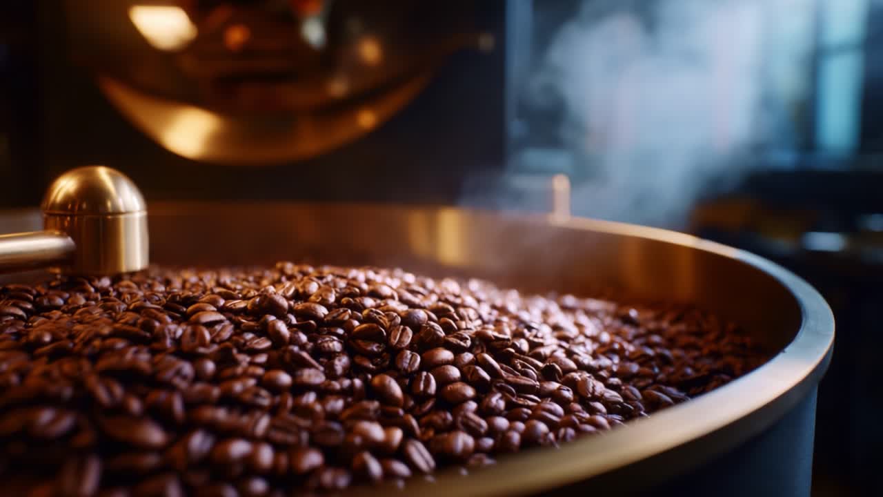 Richly Roasted Coffee Beans in a Golden Bowl: A Close-Up View of the Aromatic World of Freshly Brewed Coffee and the Artistry of Coffee Preparation