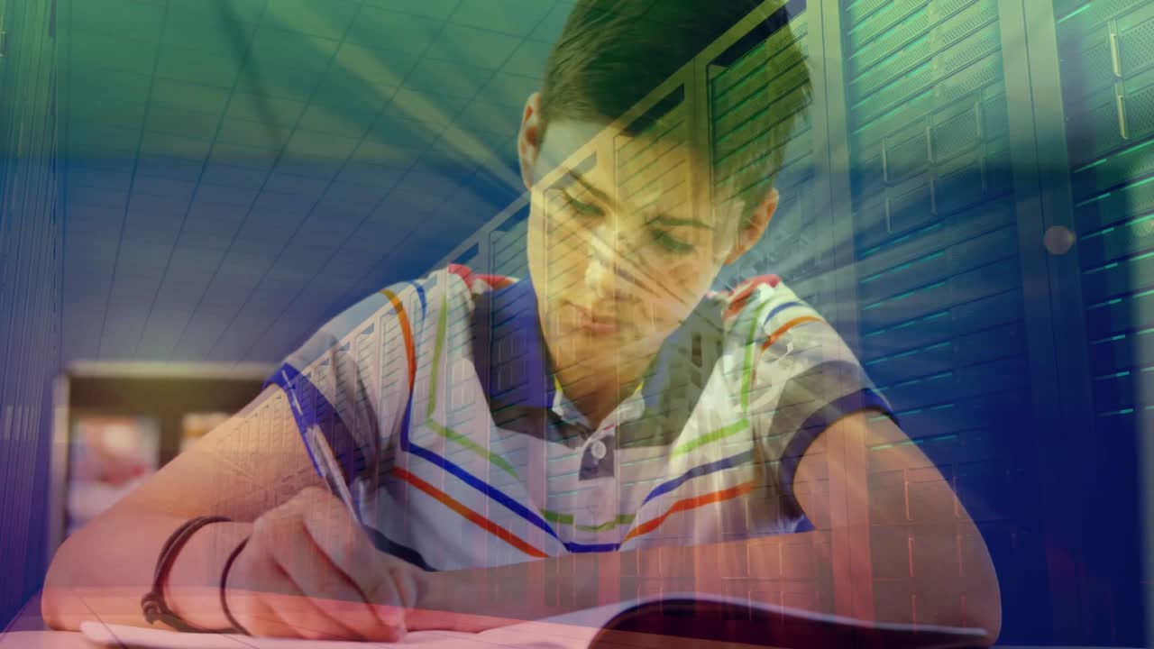 Boy writing at desk, pen touching paper starting homework with light overlay peaking then settling