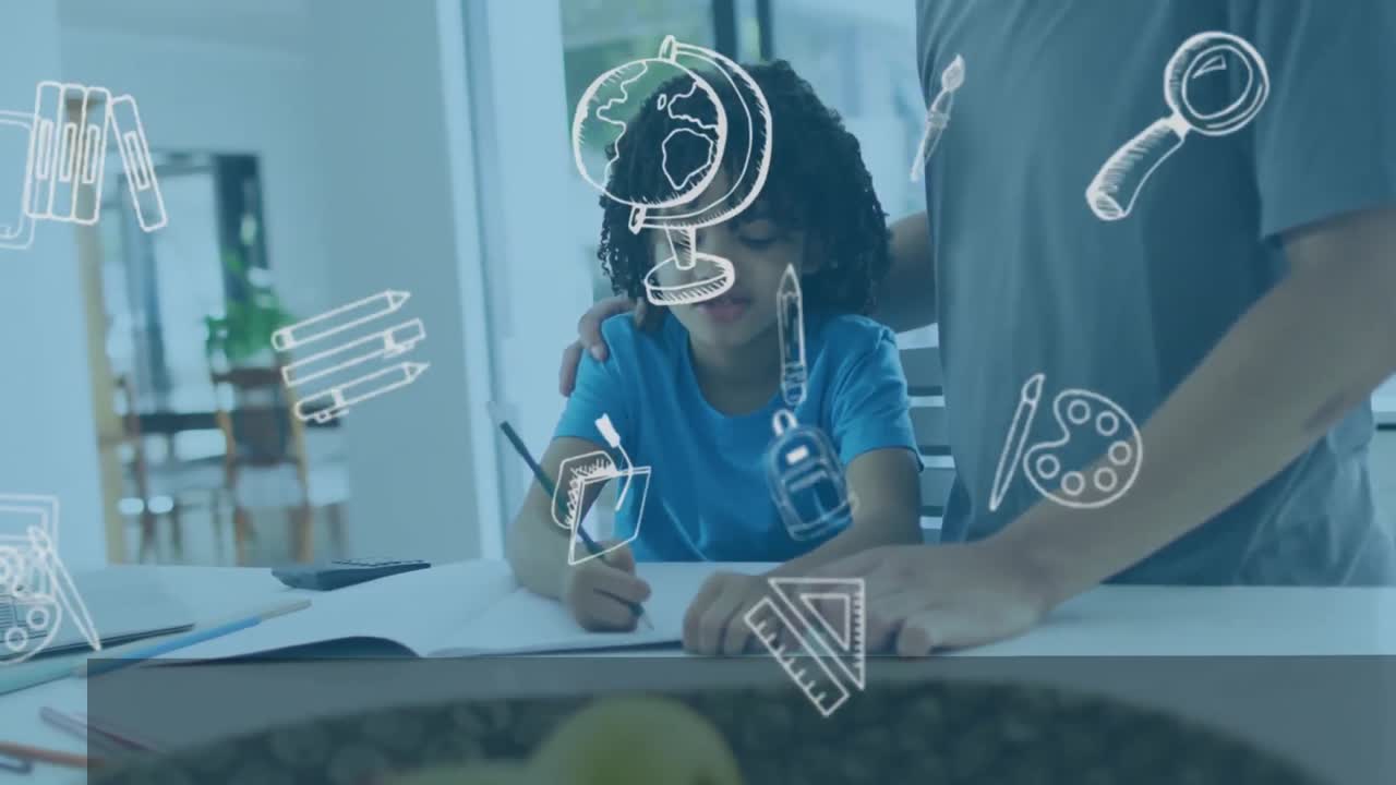 animación de iconos escolares sobre la sección media de un padre ayudando a su hijo biracial con la tarea en casa.