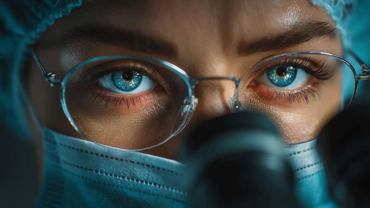 Primo piano di un ricercatore concentrato che esamina dettagli microscopici attraverso un microscopio binoculare ad alta precisione, con occhi blu intensi e maschera chirurgica.
