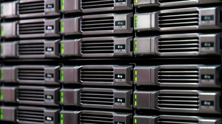 Nærbillede af 4TB-harddiske i et serverrack med grønne indikatorlamper
