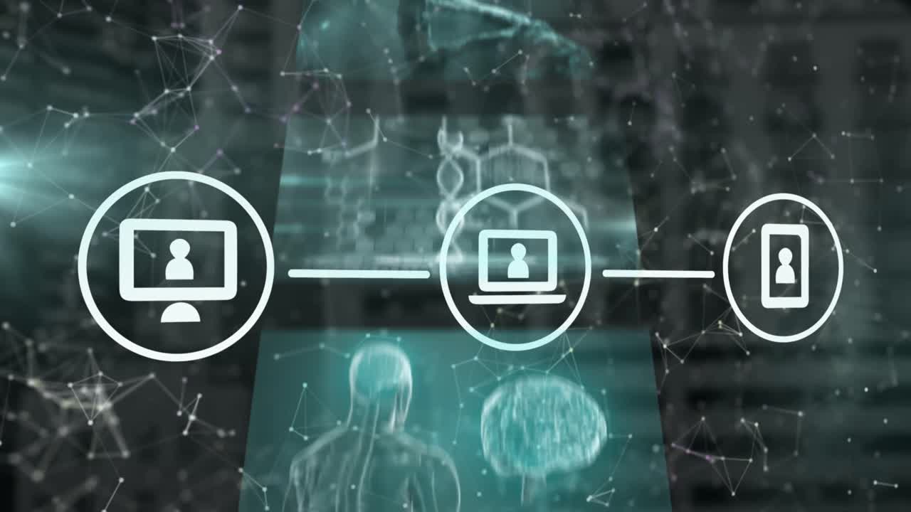 animación de la red de conexiones y procesamiento de datos sobre fondo negro