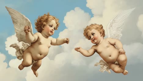 Baroque-style video still of two cherubs flying amidst clouds, captured from a low-angle