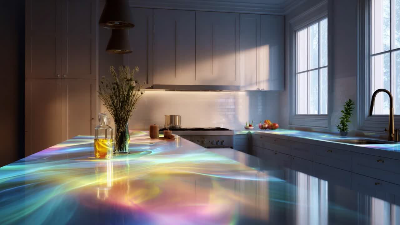 A Bright and Colorful Kitchen Transformation: Illuminated Surfaces and Scenic Window Views Create a Serene Atmosphere in a Modern Culinary Space