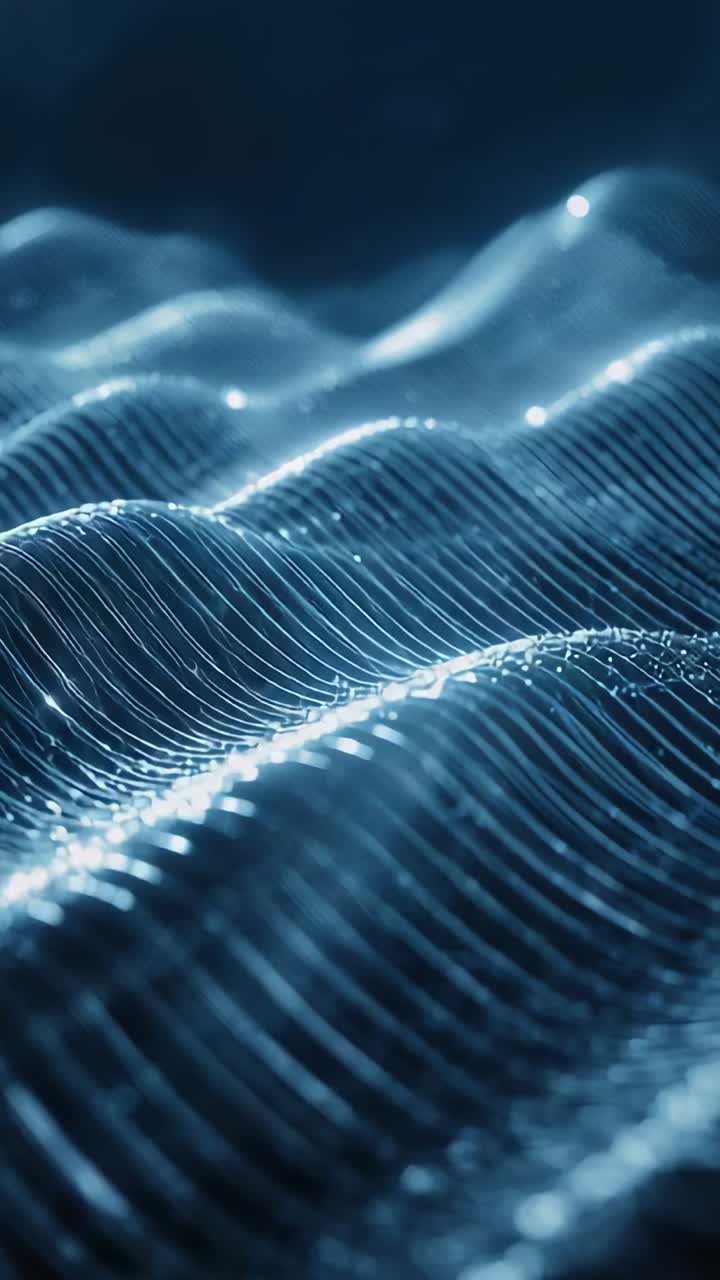 Vertical video: Undulating glowing mesh shifting as frames move into dark blue void, showing sparks