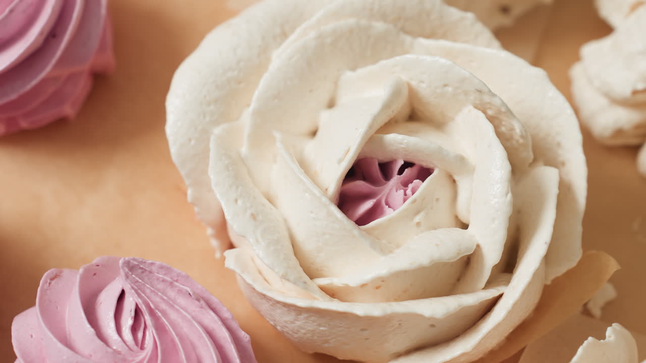 Close up of elegant rose-shaped creamy dessert with pink center placed beside a swirl pink cupcake on parchment paper, highlighting artistic frosting details and texture under soft kitchen lighting