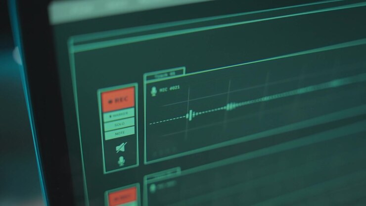 Laptop screen with sound recording software and visual audio waveform on microphone track. Music or podcast studio control room in dark night. Wiretap investigation or hacker listening to phone call