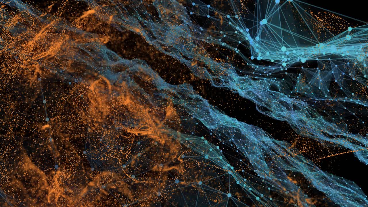 Incoming cyan mesh sweeping rightward shearing glowing orange cloud, forming layered data visual