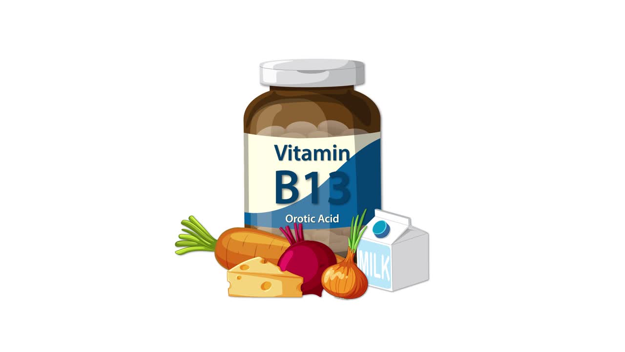 Vitamin B13 bottle with vegetables, cheese, and milk appears, emphasizing dietary sources and supplement