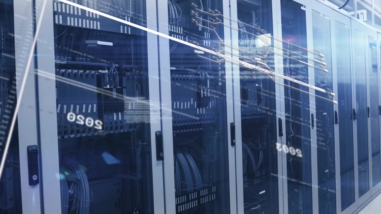 Dark line crossing then white streak sweeping, server racks filling view, overlays showing timeline