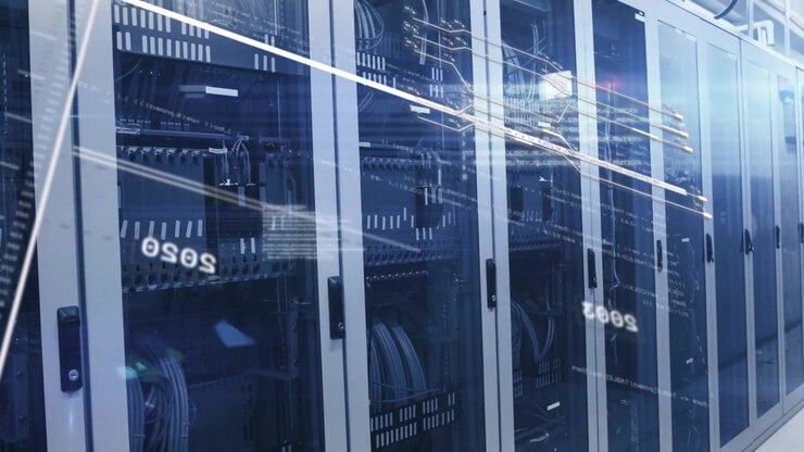 Dark line crossing then white streak sweeping, server racks filling view, overlays showing timeline