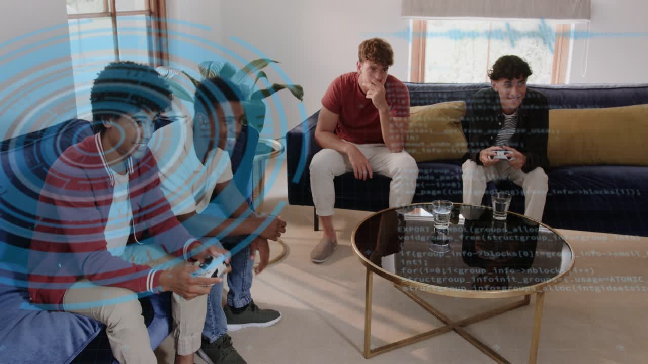 Fire mænd, der gamer på sofaen med controllere og skaber blå ringe og kodereflekser for sjov.