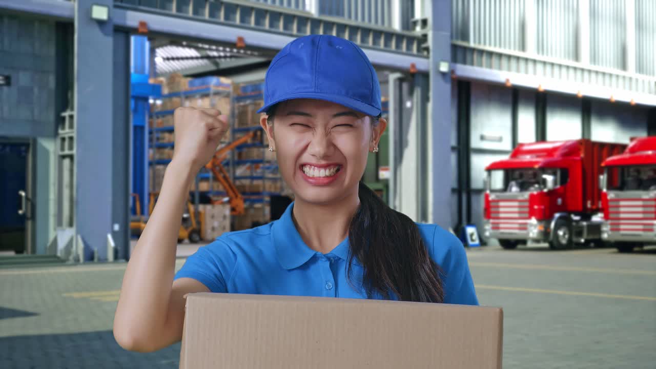 Close Up Of Asian Female Courier In Blue Uniform Celebrating Succeed Delivering A Carton, Outside Warehouse