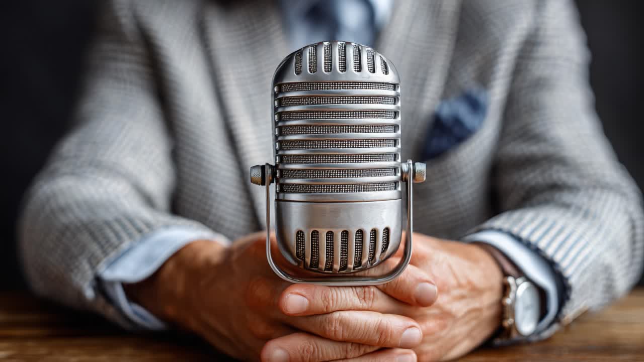 A close-up view of a classic microphone held by a well-dressed individual, showcasing a blend of elegance and tradition in a professional setting