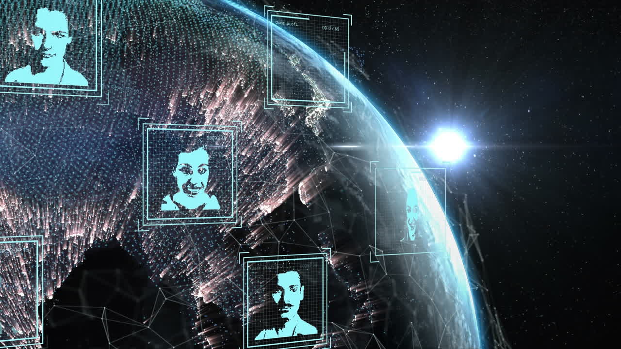 지구상에서 여러 프로파일 아이콘의 애니메이션과 공간에서 밝은 빛의 지점