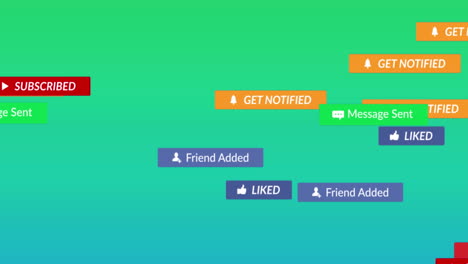 animación de iconos de redes sociales y texto sobre un fondo verde a azul.