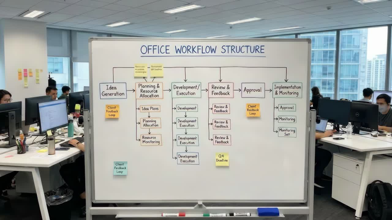 Diagramma della struttura del flusso di lavoro per ufficio su lavagna